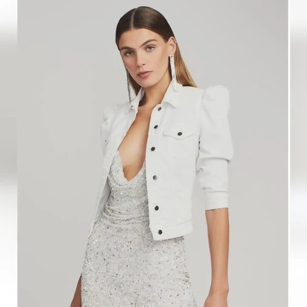 Retrofete Ada Denim Jacket White Puff Sleeve Size XXS NWT